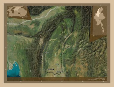 Sagaing, Myanmar Bölümü. Düşük çözünürlüklü uydu. Bölgenin büyük şehirlerinin yerleri ve isimleri. Köşedeki yedek konum haritaları