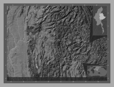 Shan, Myanmar Eyaleti. Göllü ve nehirli çift katlı yükseklik haritası. Köşedeki yedek konum haritaları