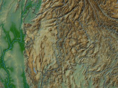 Shan, Myanmar Eyaleti. Gölleri ve nehirleri olan renkli yükseklik haritası