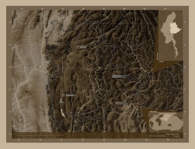 Shan, Myanmar Eyaleti. Yükseklik haritası sepya tonlarında göller ve nehirlerle renklendirilmiş. Bölgenin büyük şehirlerinin yerleri ve isimleri. Köşedeki yedek konum haritaları