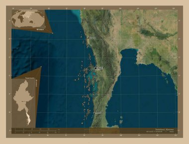 Tanintharyi, Myanmar Bölümü. Düşük çözünürlüklü uydu. Bölgenin büyük şehirlerinin yerleri ve isimleri. Köşedeki yedek konum haritaları