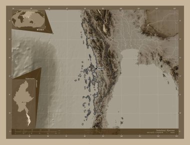 Tanintharyi, Myanmar Bölümü. Yükseklik haritası sepya tonlarında göller ve nehirlerle renklendirilmiş. Bölgenin büyük şehirlerinin yerleri ve isimleri. Köşedeki yedek konum haritaları