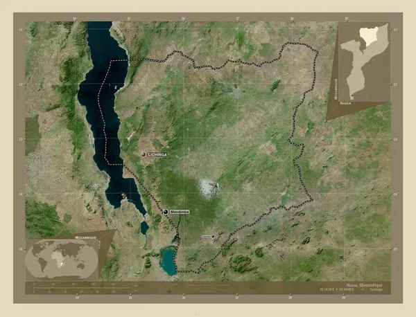 モザンビークのナサ州 高解像度衛星地図 地域の主要都市の位置と名前 コーナー補助位置図 — ストック写真