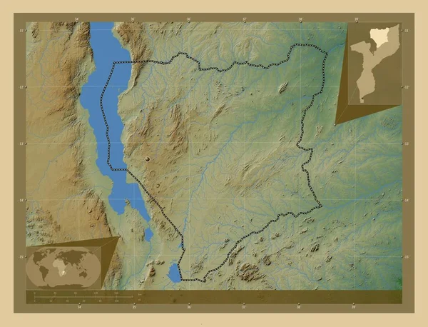 Насса Провінція Мозамбік Кольорові Карти Висот Озерами Річками Кутові Допоміжні — стокове фото