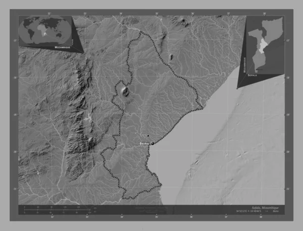 Sofala Provincia Mozambique Mapa Elevación Bilevel Con Lagos Ríos Ubicaciones —  Fotos de Stock