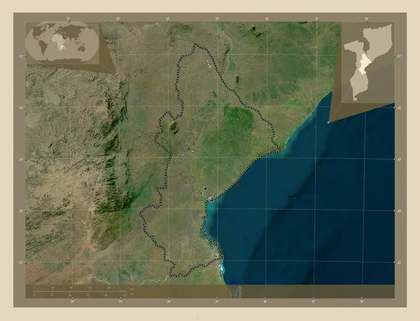 莫桑比克索法拉省 高分辨率卫星地图 该区域主要城市的所在地点 角辅助位置图 — 图库照片