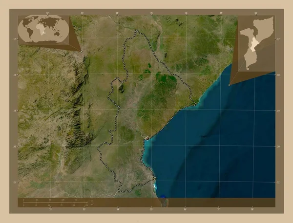 Sofala Επαρχία Μοζαμβίκης Δορυφορικός Χάρτης Χαμηλής Ανάλυσης Γωνιακοί Χάρτες Βοηθητικής — Φωτογραφία Αρχείου