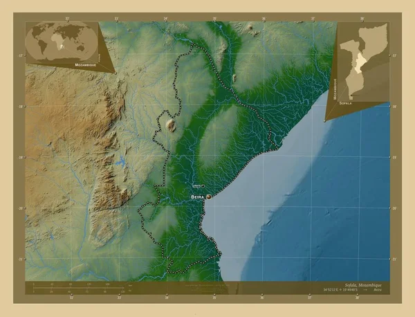 Sofala Provincie Mosambik Barevná Mapa Jezery Řekami Umístění Názvy Velkých — Stock fotografie