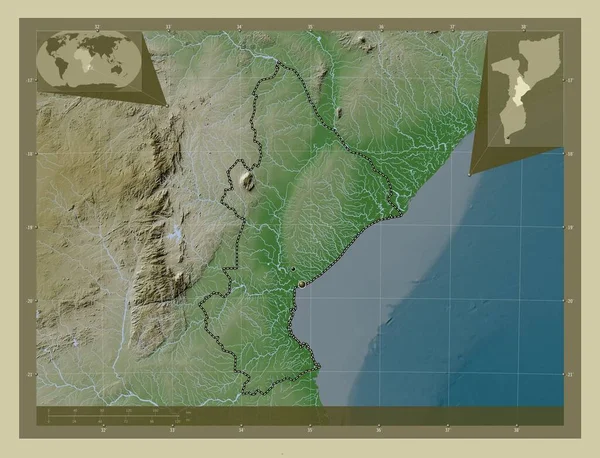 莫桑比克索法拉省 用Wiki风格绘制的带有湖泊和河流的高程地图 该区域主要城市的所在地点 角辅助位置图 — 图库照片