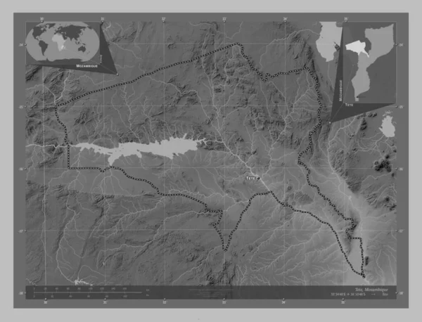 Tete Province Mozambique Grayscale Elevation Map Lakes Rivers Locations Names — Stock Photo, Image