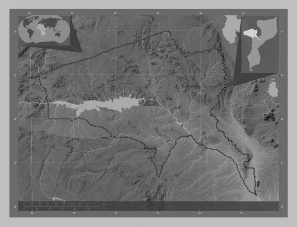 Tete Province Mozambique Grayscale Elevation Map Lakes Rivers Locations Major — Stock Photo, Image