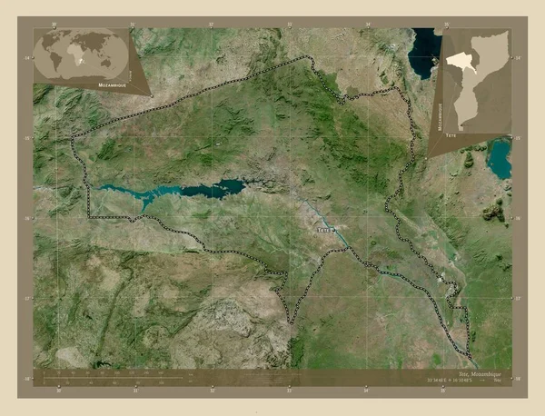 モザンビーク共和国のテテ県 高解像度衛星地図 地域の主要都市の位置と名前 コーナー補助位置図 — ストック写真