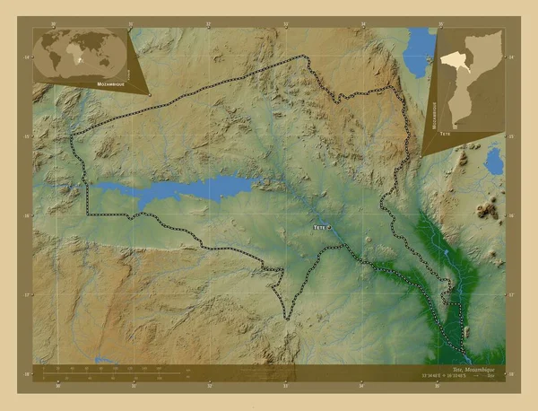 莫桑比克省太特省 有湖泊和河流的彩色高程图 该区域主要城市的地点和名称 角辅助位置图 — 图库照片