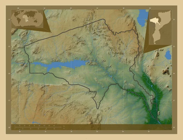 莫桑比克省太特省 有湖泊和河流的彩色高程图 该区域主要城市的所在地点 角辅助位置图 — 图库照片