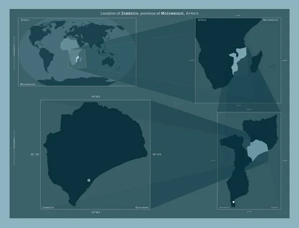 莫桑比克赞比西亚省 在大比例尺地图上显示该区域位置的图表 坚实背景下矢量框架和Png形状的组成 — 图库照片