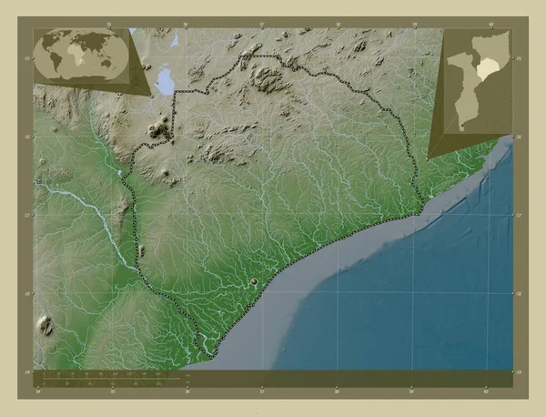 Замбезия Провинция Мозамбик Карта Высоты Окрашенная Вики Стиле Озерами Реками — стоковое фото