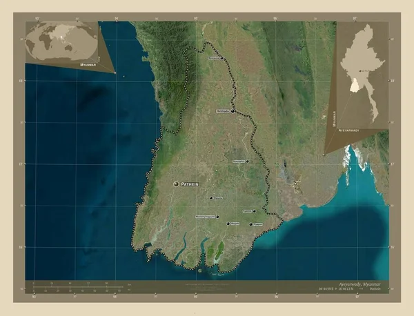 Ayeyarwady 缅甸师 高分辨率卫星地图 该区域主要城市的地点和名称 角辅助位置图 — 图库照片