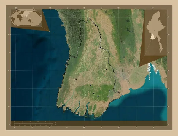 Ayeyarwady 缅甸师 低分辨率卫星地图 该区域主要城市的所在地点 角辅助位置图 — 图库照片