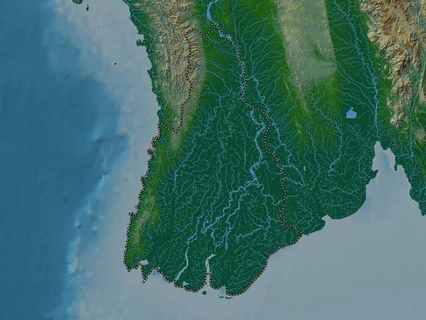 Ayeyarwady Τμήμα Της Μιανμάρ Χρωματιστός Υψομετρικός Χάρτης Λίμνες Και Ποτάμια — Φωτογραφία Αρχείου