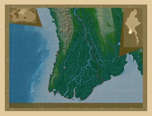 Ayeyarwady Oddział Myanmar Kolorowa Mapa Wzniesień Jeziorami Rzekami Pomocnicze Mapy — Zdjęcie stockowe