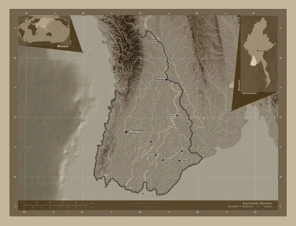 Айарвади Дивизия Мьянмы Карта Высоты Окрашенная Сепиевые Тона Озерами Реками — стоковое фото