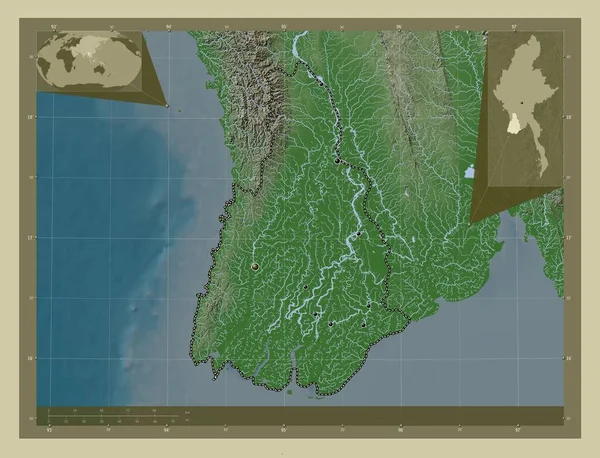 Ayeyarwady División Myanmar Mapa Elevación Coloreado Estilo Wiki Con Lagos — Foto de Stock