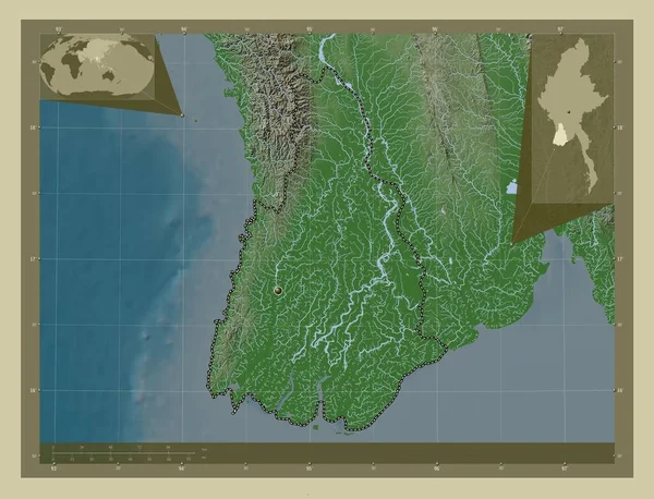 Ayeyarwady División Myanmar Mapa Elevación Coloreado Estilo Wiki Con Lagos —  Fotos de Stock