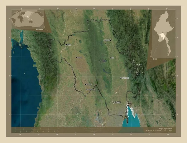 ミャンマーの分割 高解像度衛星地図 地域の主要都市の位置と名前 コーナー補助位置図 — ストック写真