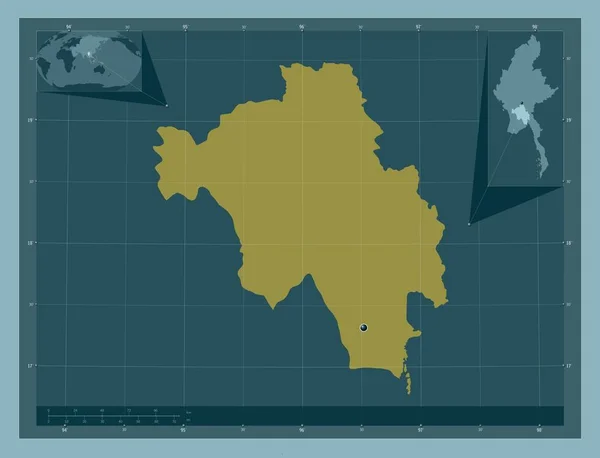 ミャンマーの分割 しっかりした色の形 コーナー補助位置図 — ストック写真