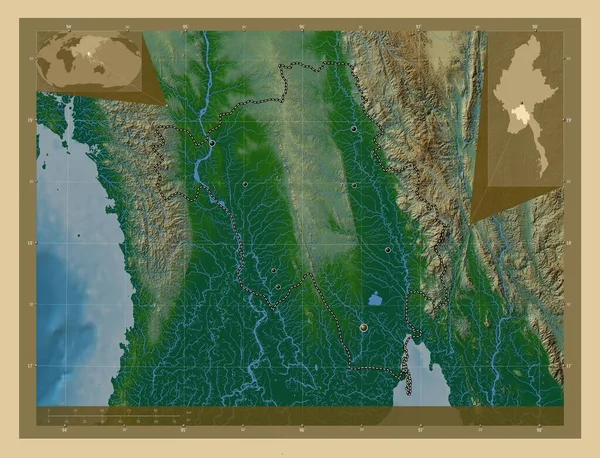 ミャンマーの分割 湖や川と色の標高マップ 地域の主要都市の場所 コーナー補助位置図 — ストック写真