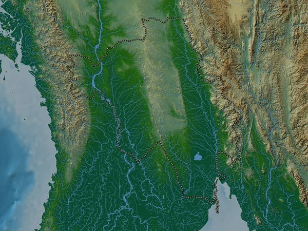 Bago División Myanmar Mapa Elevación Colores Con Lagos Ríos — Foto de Stock