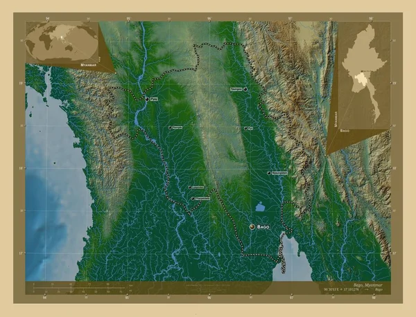 Μπάγκο Τμήμα Μιανμάρ Χρωματιστός Υψομετρικός Χάρτης Λίμνες Και Ποτάμια Τοποθεσίες — Φωτογραφία Αρχείου