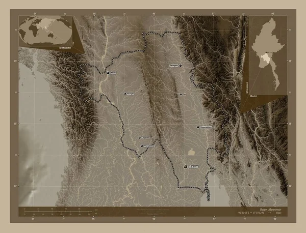 Баго Відділ Янми Висота Карти Забарвлена Сепії Тонів Озерами Річками — стокове фото