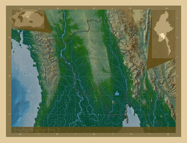Bago 缅甸的分裂 有湖泊和河流的彩色高程图 角辅助位置图 — 图库照片