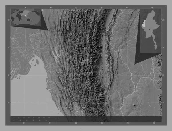 Chin Estado Myanmar Mapa Elevación Bilevel Con Lagos Ríos Ubicaciones — Foto de Stock