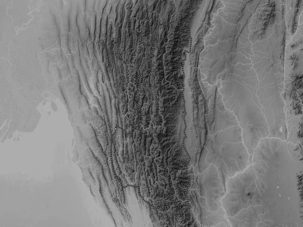 Chin State Myanmar Grayscale Elevation Map Lakes Rivers — Stock Photo, Image