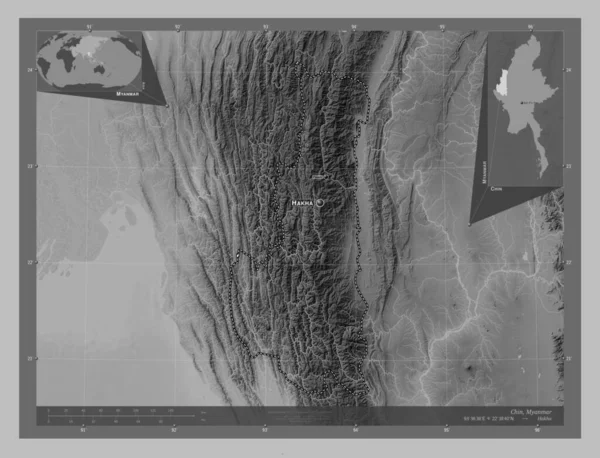 Чін Штат Янма Граймасштабна Мапа Висот Озерами Річками Місця Розташування — стокове фото