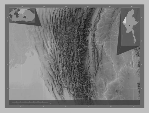 Чін Штат Янма Граймасштабна Мапа Висот Озерами Річками Кутові Допоміжні — стокове фото