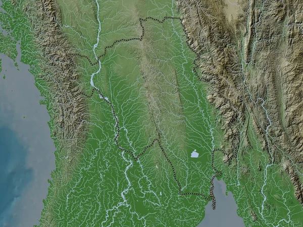 Bago División Myanmar Mapa Elevación Coloreado Estilo Wiki Con Lagos — Foto de Stock