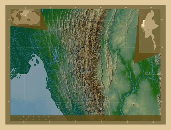 Чін Штат Янма Кольорові Карти Висот Озерами Річками Кутові Допоміжні — стокове фото