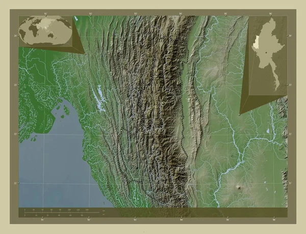 Чін Штат Янма Висота Карти Забарвлена Вікі Стилі Озерами Річками — стокове фото