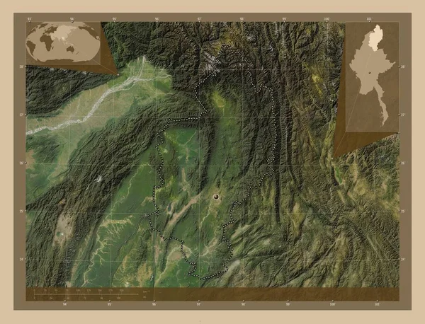 カチン ミャンマーの状態 低解像度衛星地図 コーナー補助位置図 — ストック写真