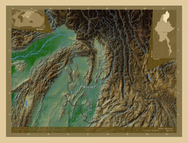 Качин Штат Мьянма Цветная Карта Высоты Озерами Реками Места Названия — стоковое фото