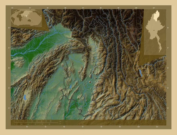 Kaczin Stan Myanmar Kolorowa Mapa Wzniesień Jeziorami Rzekami Pomocnicze Mapy — Zdjęcie stockowe
