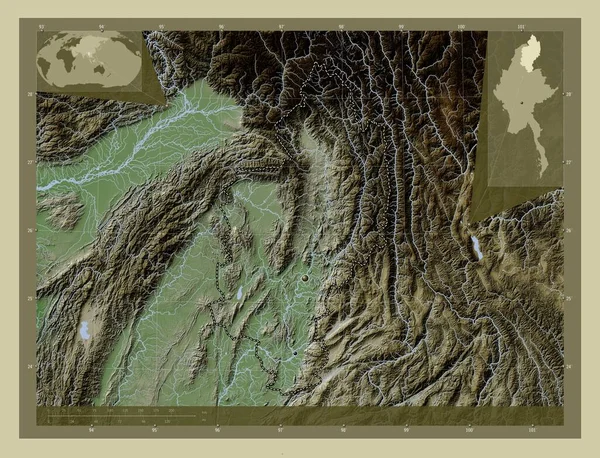 Качин Штат Янма Висота Карти Забарвлена Вікі Стилі Озерами Річками — стокове фото