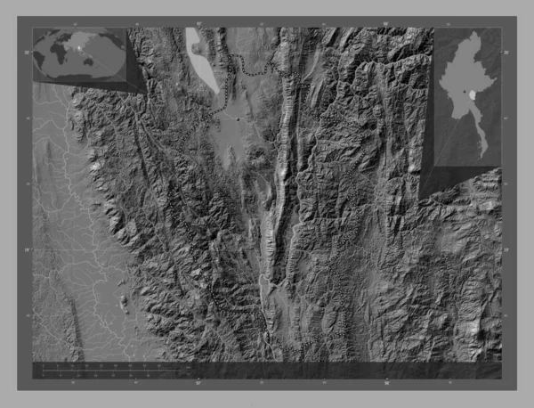 Kayah Staat Myanmar Hoogteplattegrond Met Meren Rivieren Hulplocatiekaarten Hoek — Stockfoto