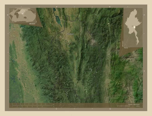 Kayah Stan Myanmar Mapa Satelity Wysokiej Rozdzielczości Lokalizacje Nazwy Głównych — Zdjęcie stockowe