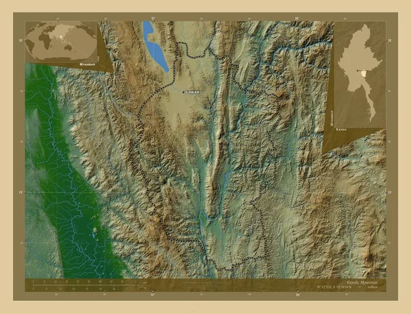 Kayah State Myanmar 有湖泊和河流的彩色高程图 该区域主要城市的地点和名称 角辅助位置图 — 图库照片