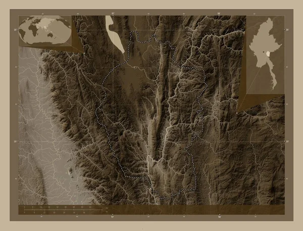 Кая Штат Мьянма Карта Высоты Окрашенная Сепиевые Тона Озерами Реками — стоковое фото