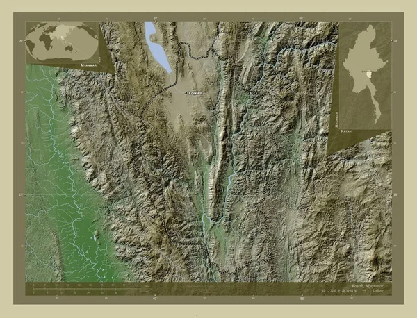 ミャンマーの州 湖や川とWikiスタイルで着色された標高マップ 地域の主要都市の位置と名前 コーナー補助位置図 — ストック写真